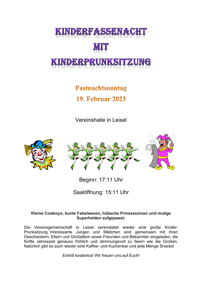 Kinderfasssenacht mit Kinderprunksitzung am 19. Februar 2023 in Leisel